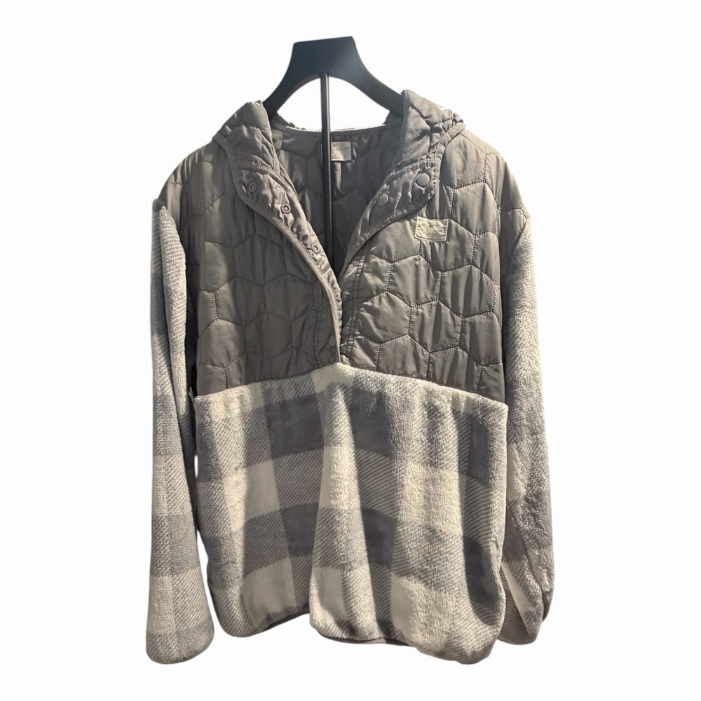 Simply Southern L Buffalo Plaid Quilted Fleece Pullover Hooded Jacket Gray